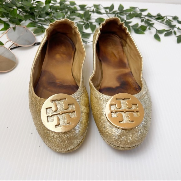 TORY BURCH MINNIE METALLIC LEATHER FOLDING FLATS size 7.5 - Picture 1 of 10